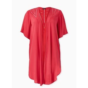 🆕 Red Crinkled Gauze Crochet Inset Longline Kimono NWT Torrid New!